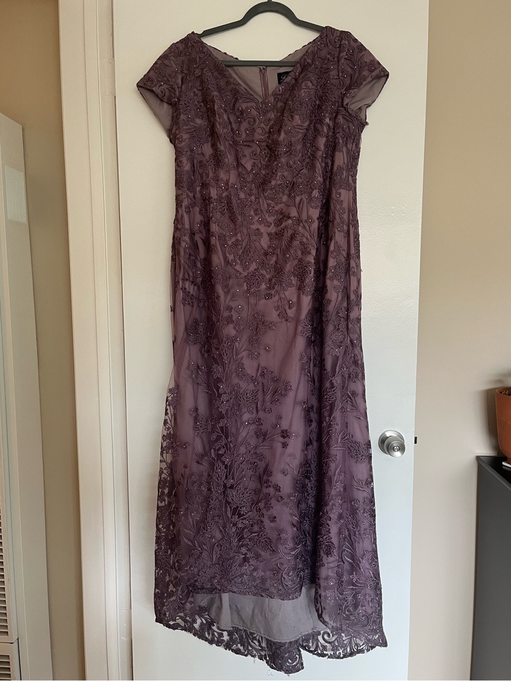 La Femme Plum Lace High-Low Evening Dress